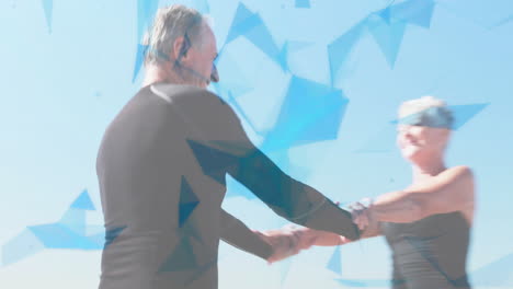 dancing joyfully, elderly couple with blue geometric shapes overlay in animation