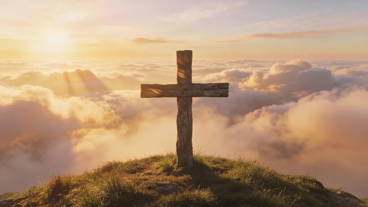 Una cruz de madera desgastada capturando los rayos dorados al salir el sol en la cima cubierta de hierba, con nubes en movimiento.