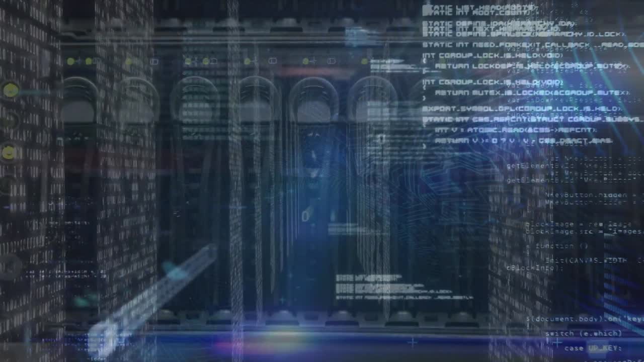 Animation of data processing over close up of computer server