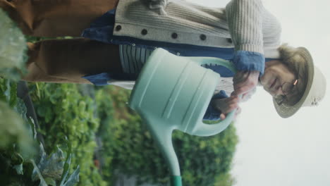 senior woman watering plants in a home garden