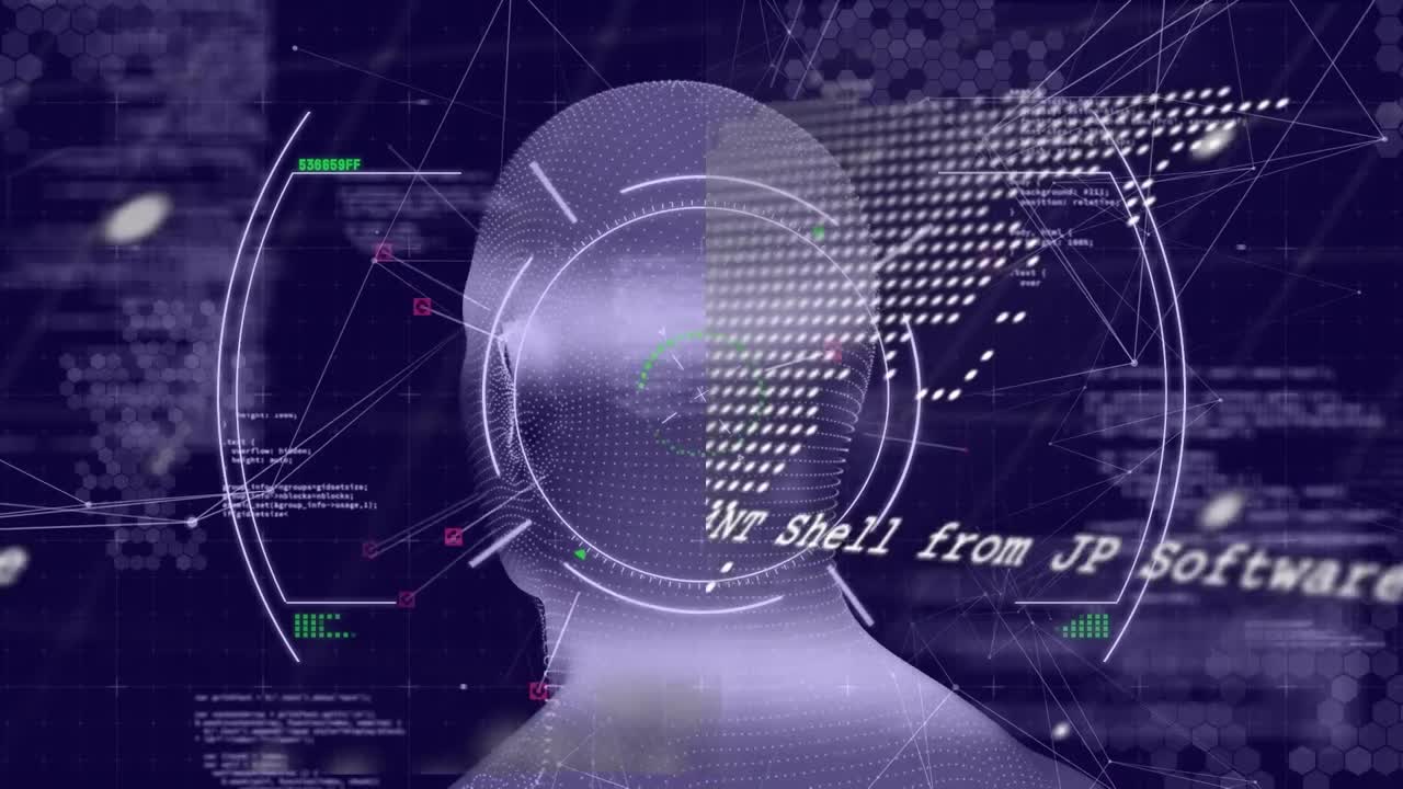 인간 머리 모델 위의 스캔 스코핑의 애니메이션