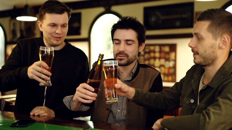 Colleghi uomini stanno conversando in un bar locale. I giovani si incontrano fuori dal posto di lavoro e comunicano in modo informale, brindando e bevendo birra.
