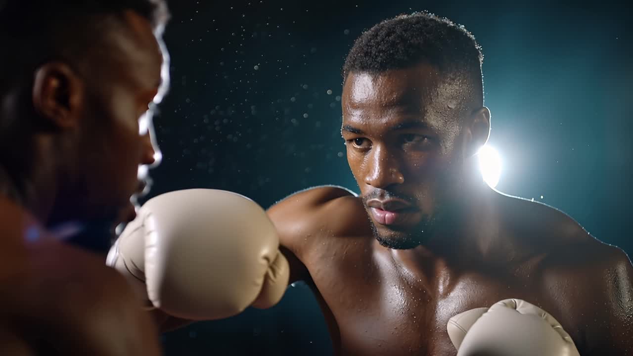 Intenso allenamento di boxe: un atleta dedicato si concentra sulla sua tecnica e forma mentre si allena con il suo riflesso in una palestra poco illuminata.