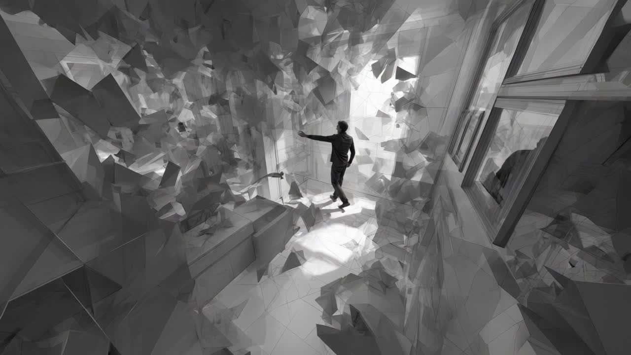 A Journey Through the Abstract: A Solo Figure Navigating a Surreal, Fragmented Space Filled with Geometric Shapes and Varied Textures in Monochromatic Tones