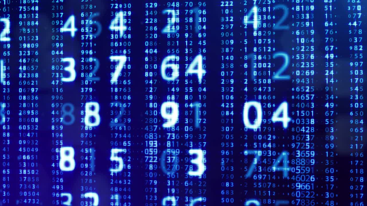 fondo de bucle 3d, concepto de procesamiento de datos digitales, cálculo y visualización de la computación. contadores de números en filas de líneas en el plano. información digital azul bg con números. bg de ciencia ficción.