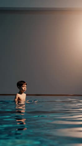 young boy quietly waiting in indoor swimming pool, warm light reflecting on water surface, creating serene and contemplative atmosphere of childhood leisure