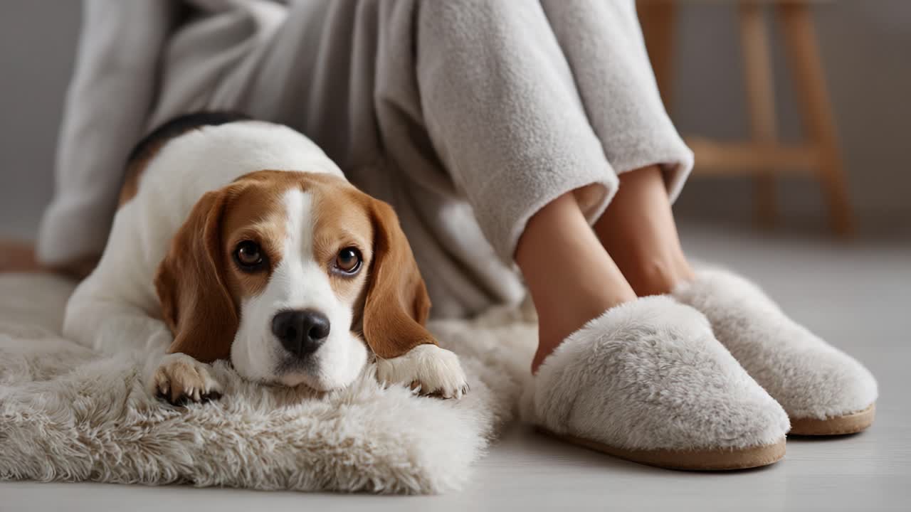 A Cozy Moment: A Beagle Dog Beside a Person in Plush Slippers on a Soft Rug, Creating a Warm and Inviting Atmosphere Perfect for Relaxation