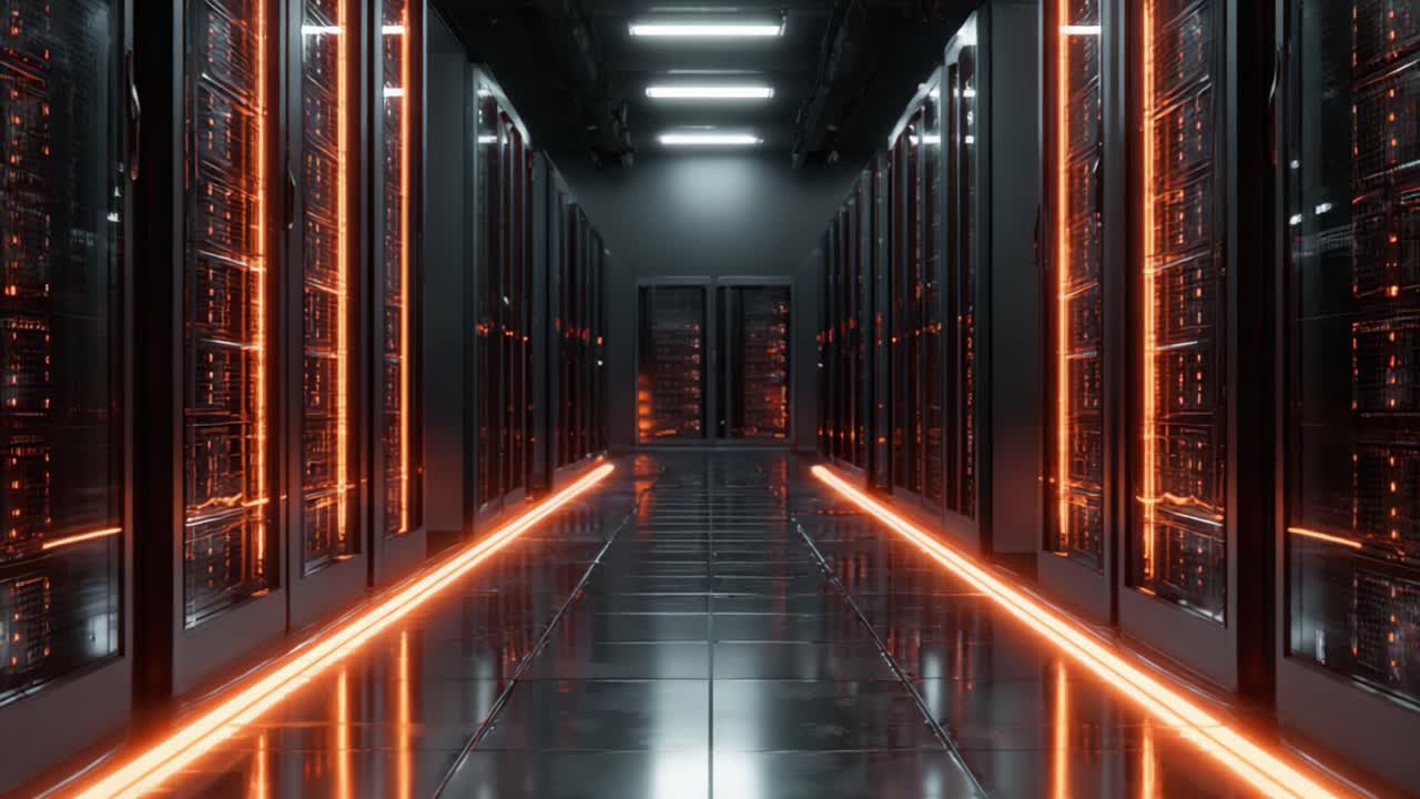 Et futuristisk datacenter med rækker af højteknologiske servere oplyst med orange LED-belysning, der viser den moderne infrastruktur for digitale lagerløsninger