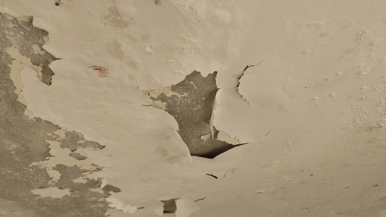 Peeling Paint on a Water Damaged Ceiling, Structural Moisture Damage and Efflorescence on the roof, close up footage