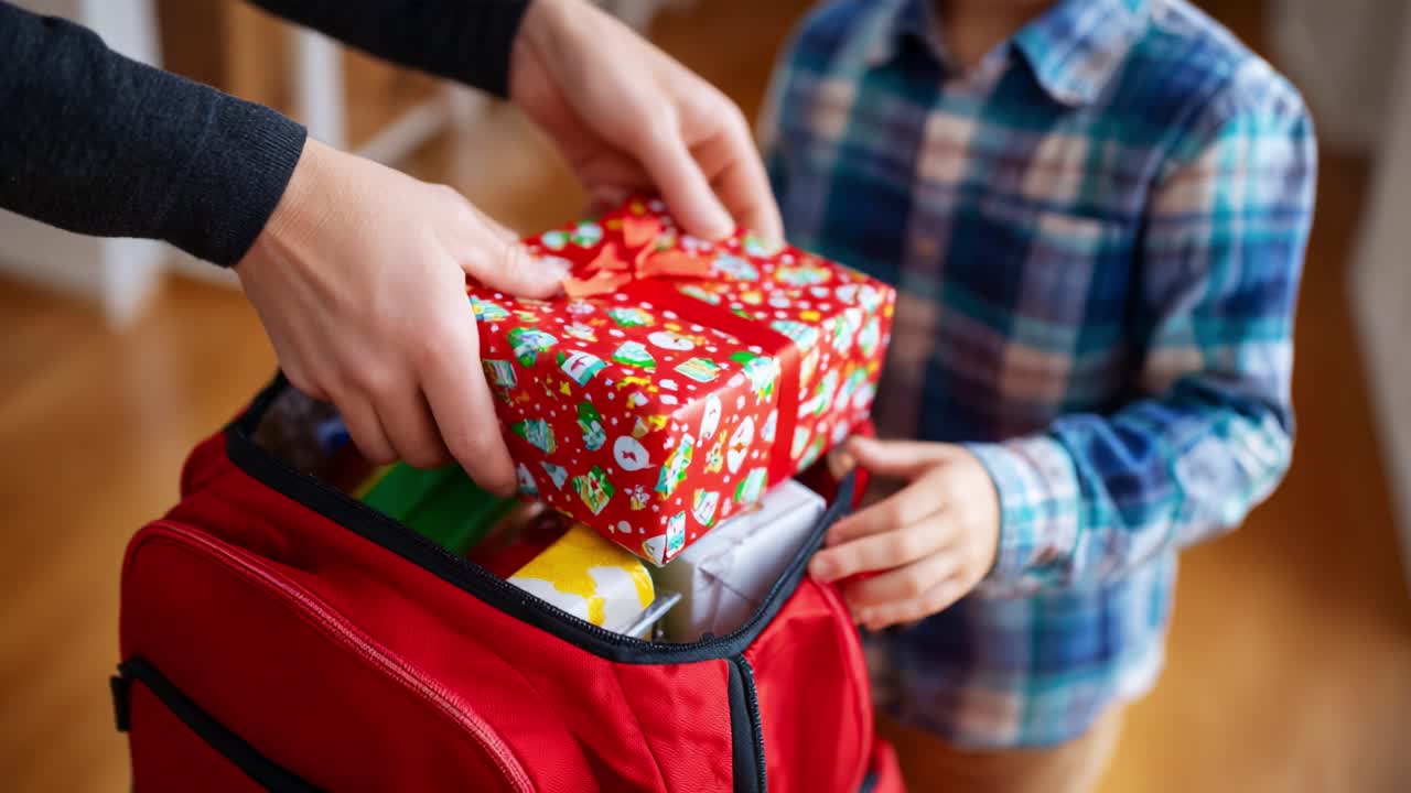 A joyful scene unfolds as a child's eager hands reach for a brightly wrapped gift, creating cherished memories of holiday surprises and familial love in a warm home setting