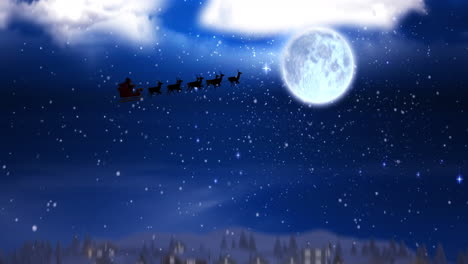 animation of sky with clouds over winter landscape and santa claus in sleigh with reindeer
