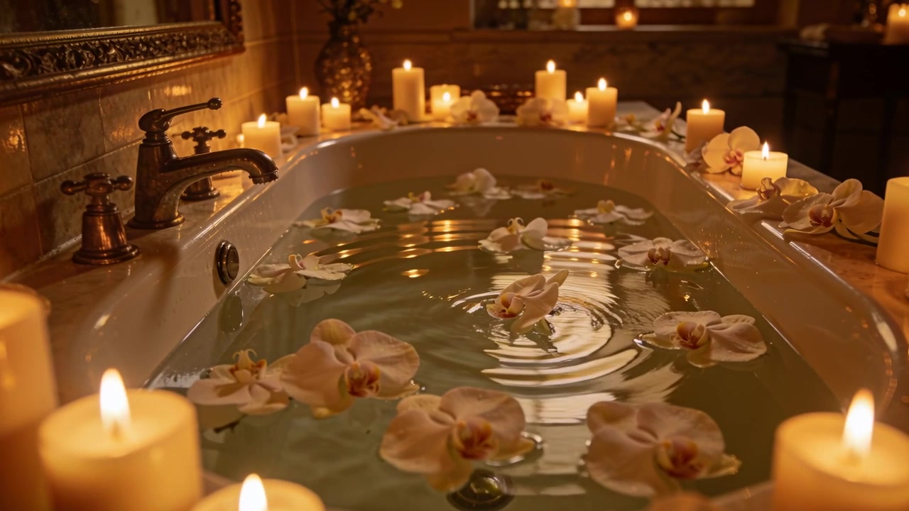 Una piccola increspatura si forma vicino al lato destro dell'acqua in movimento nella vasca di porcellana in bagno, spostando orchidee e candele.