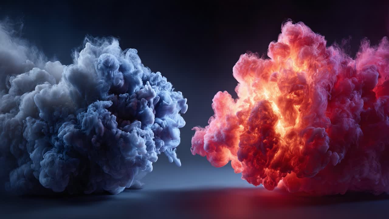 Dynamic Contrast of Colorful Smoke Clouds Interacting in an Ethereal Setting, Showcasing the Beauty of Nature's Elements in Beautiful Harmony
