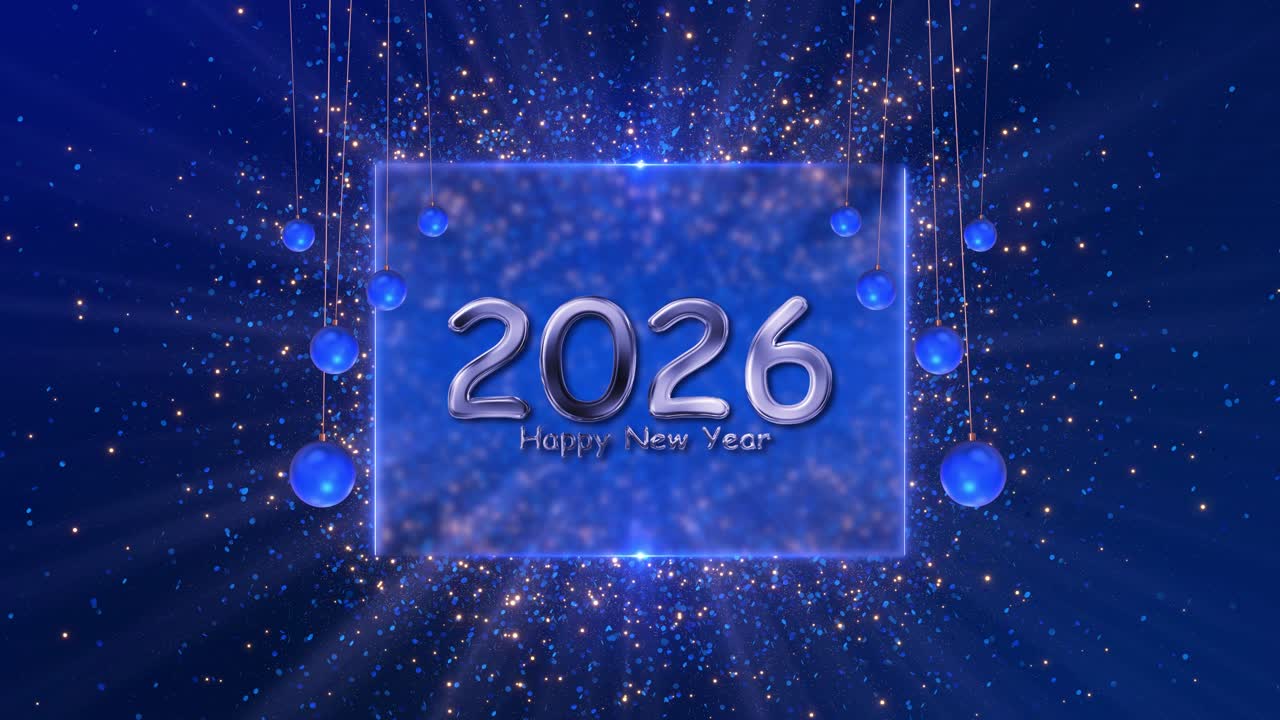 Particelle di coriandoli per felice anno nuovo 2026, festa di celebrazione dell'anno nuovo 2026, scritta 4K per le vacanze