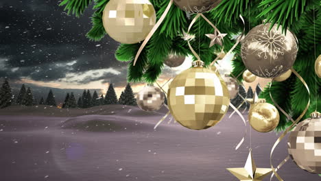 Animation-of-snow-falling-and-christmas-decorations-over-winter-scenery