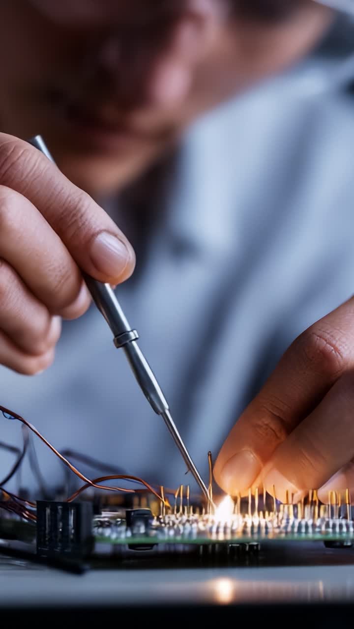 En fokuserad tekniker reparerar skickligt intrikata elektronikkomponenter med hjälp av ett lödverktyg och visar precision i hanteringen av känsliga kretskomponenter