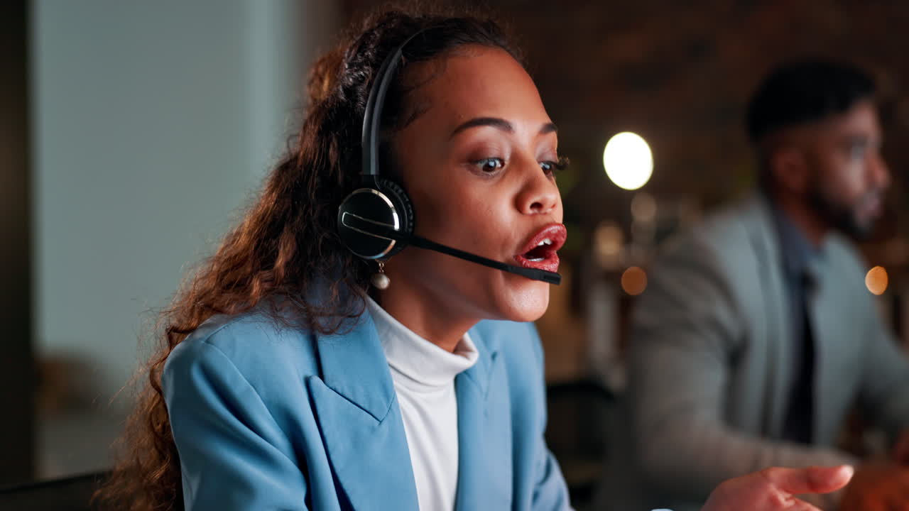 Angry woman, call center and consulting at night