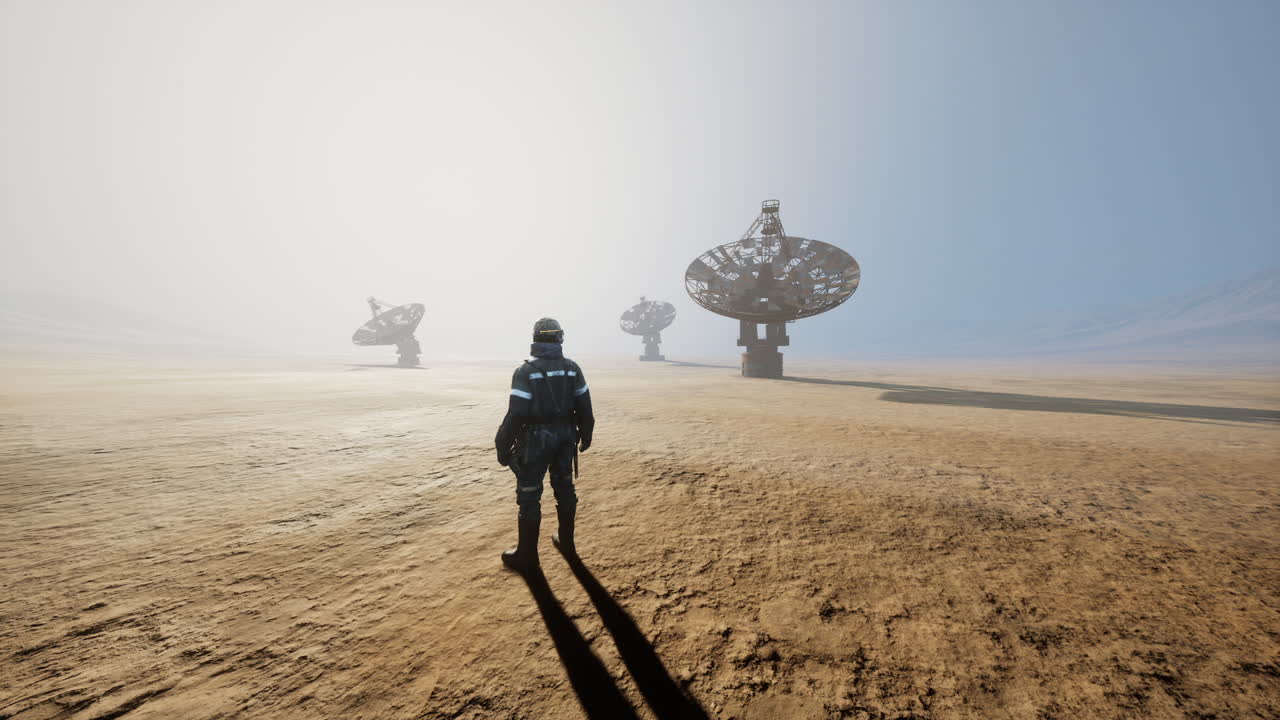 Worker exploring a vast barren landscape with satellite dishes in the distance