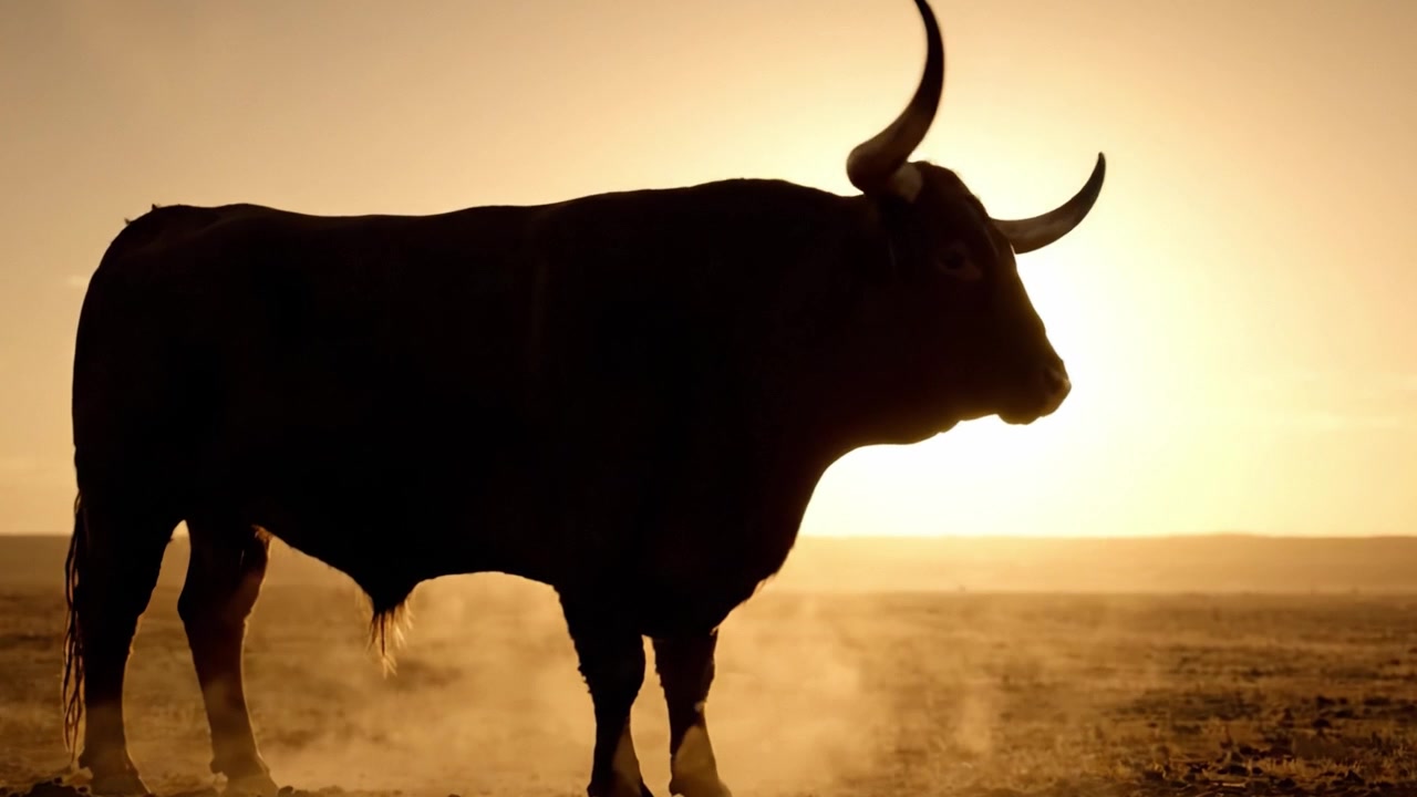 Maestosa silhouette di toro contro un orizzonte al tramonto incandescente cattura l'essenza della bellezza e della forza della natura in un paesaggio sereno