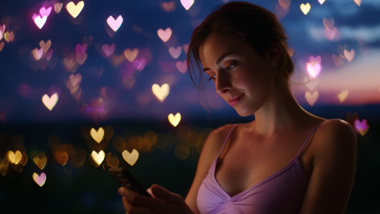 A young woman engaged with her smartphone under a whimsical bokeh of floating hearts, creating a romantic and dreamy atmosphere as she smiles softly, immersed in her digital moment during dusk