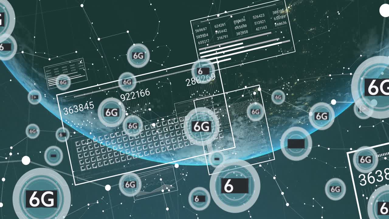 Animation of network of 5g and 6g text over globe