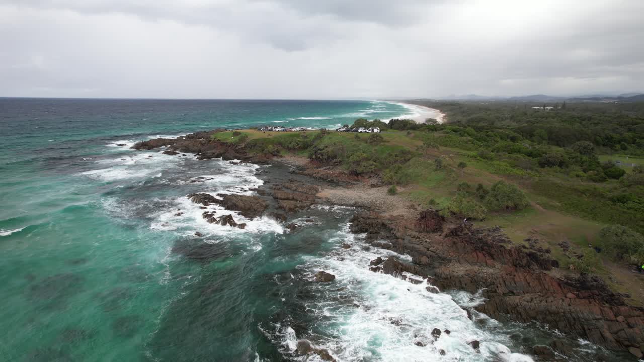 Rocky Shore And Ocean Waves At Hastings Point In NSW, Australia - Drone Shot