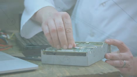 animation of network of connections over hands of caucasian man repairing computer hardware