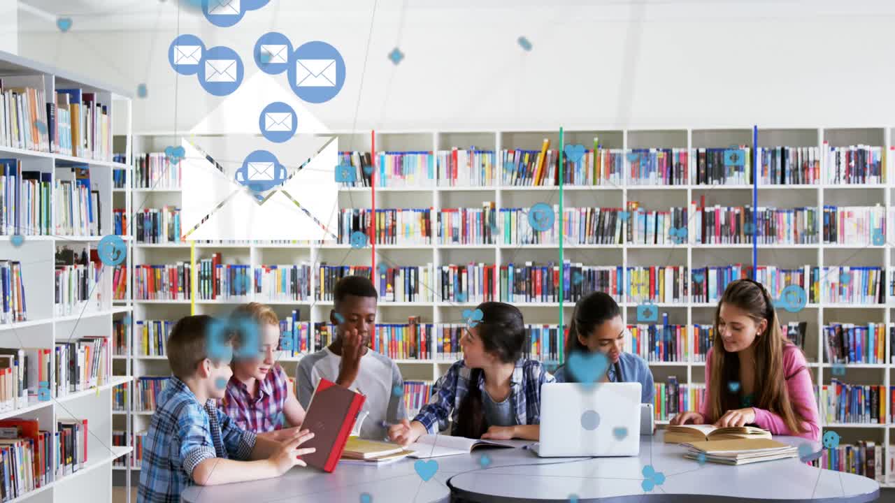 red de conexiones a través de un equipo escolar joven usando una computadora portátil.