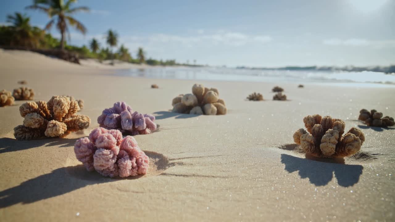 Pulling back camera revealing coral clusters on wet sand at tropical beach, showing wider shoreline