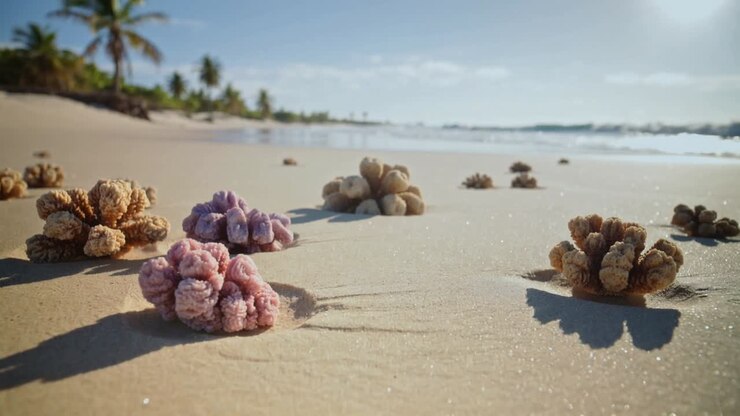 Pulling back camera revealing coral clusters on wet sand at tropical beach, showing wider shoreline