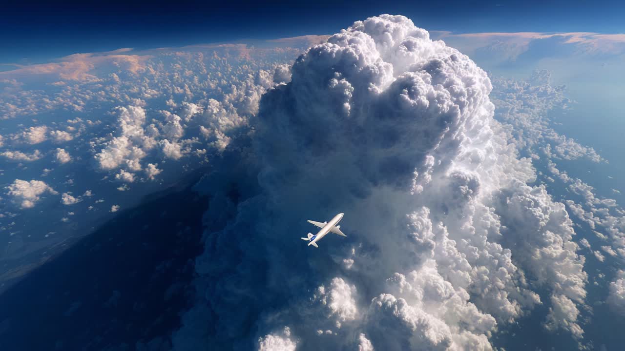 A breathtaking view of an airplane soaring gracefully above a massive cloud formation, capturing the beauty and vastness of the sky in perfect harmony with nature's elements