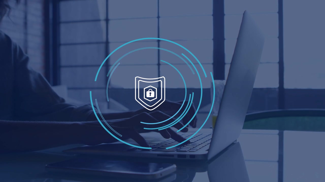 Woman starting typing on laptop by window, bringing animated rings and padlock securing data for IT