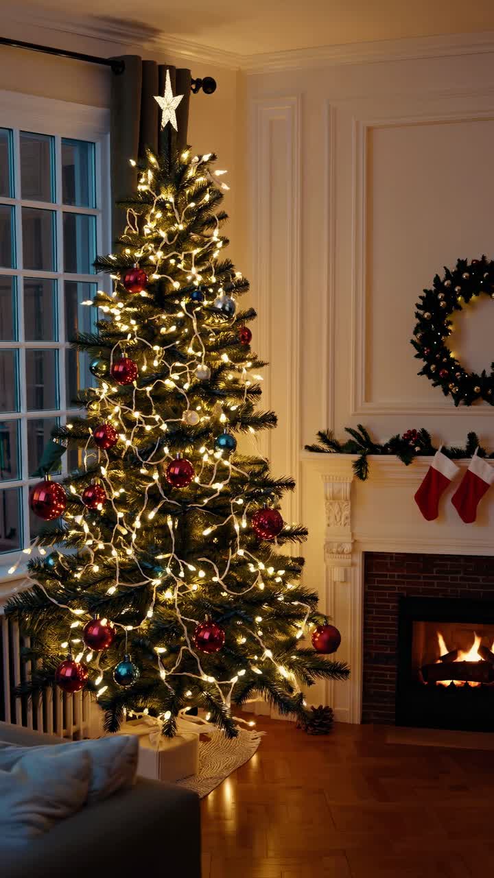 Cozy Christmas living room with a decorated tree and fireplace. Warm lighting from a low angle