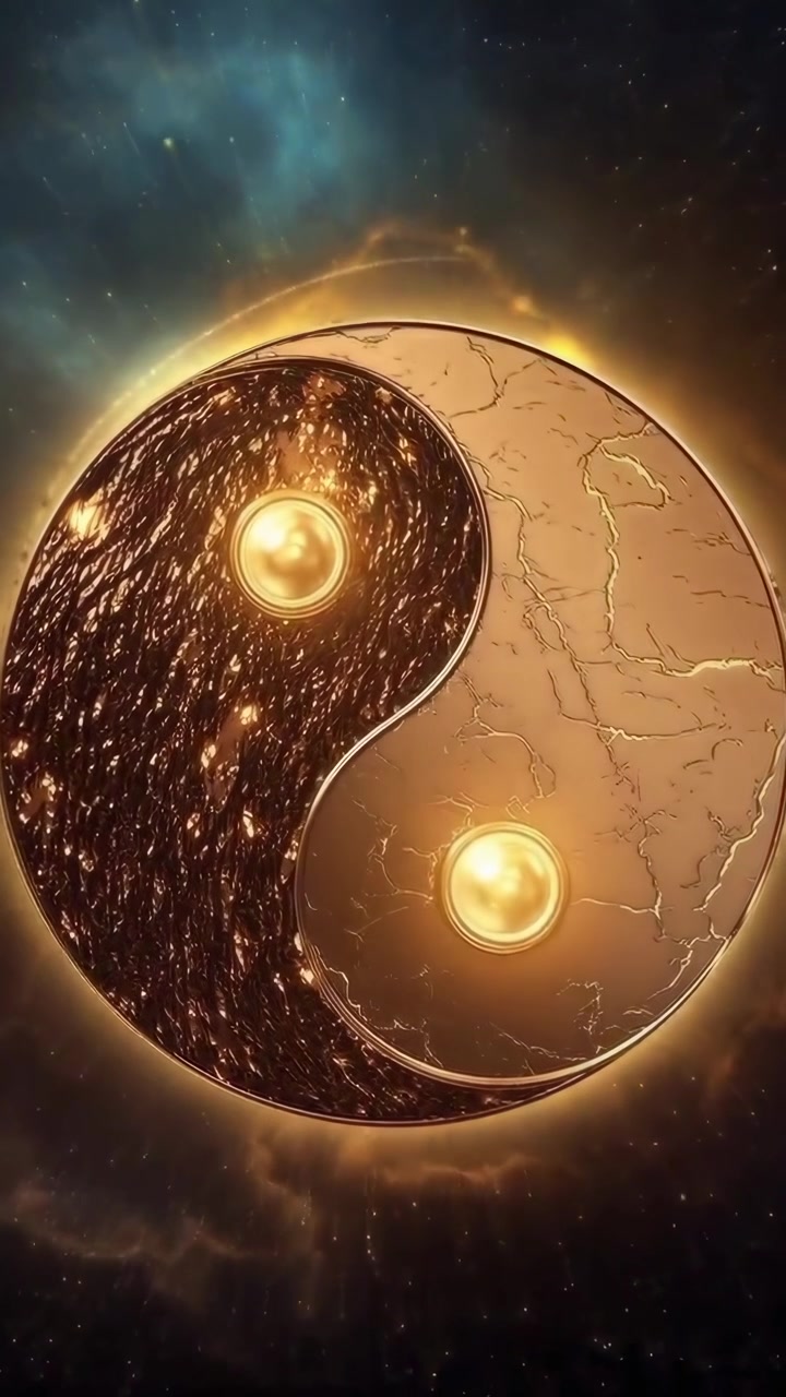 Kultainen Yin ja Yang -symboli kellumassa avaruudessa