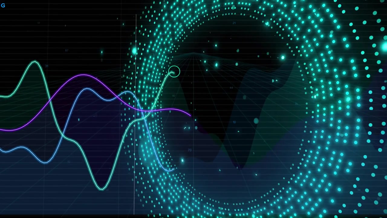 Teal dotted ring appearing right, pulsing while three waveforms moving into ring for HUD display