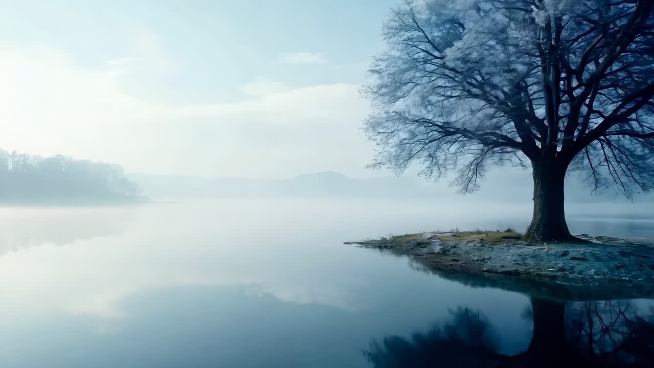 호수 한가운데의 작은 섬 꼭대기에 앉아 있는 외로운 나무