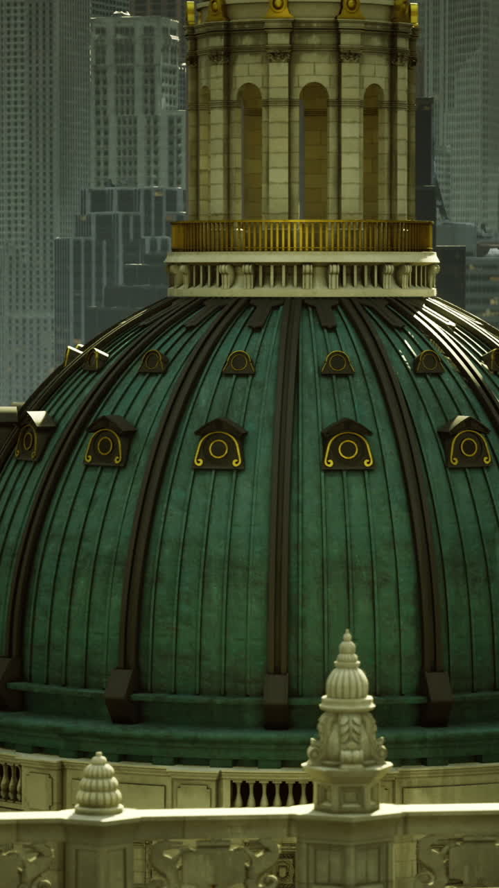 Historic dome of a city building surrounded by skyscrapers in bright sunlight