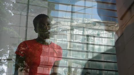 animación de un edificio de oficinas sobre personas de negocios hablando en una oficina moderna