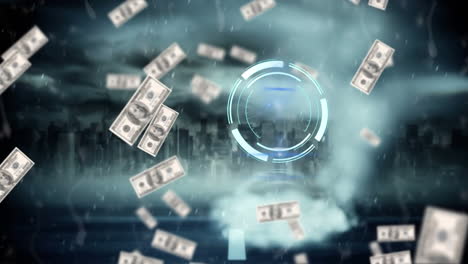 animación de escaneo de alcance y billetes de dólar cayendo sobre el paisaje urbano