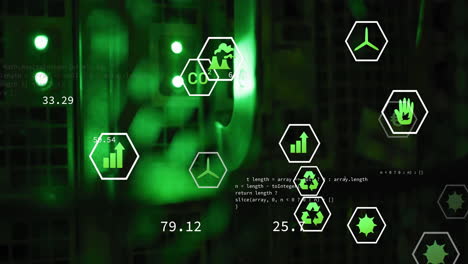 animation of ecology icons and data processing over server room