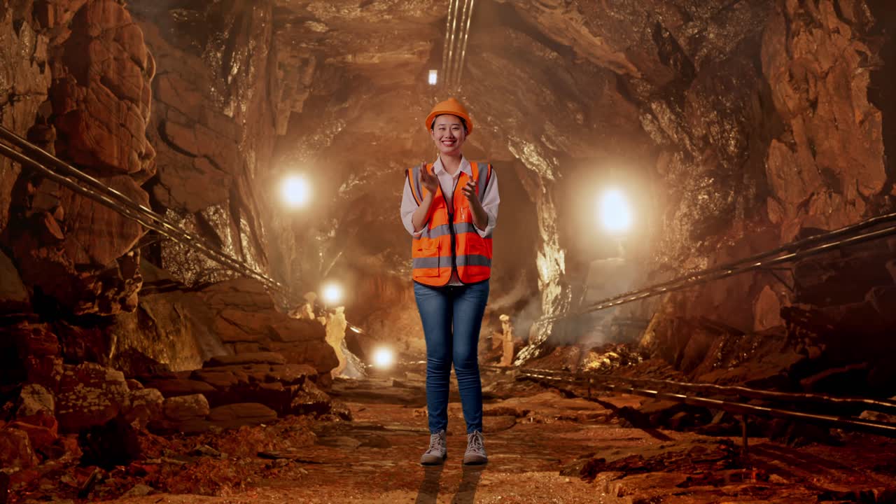 Figura intera di ingegnere donna asiatica con casco di sicurezza che sorride e batte le mani in una galleria mineraria sotterranea