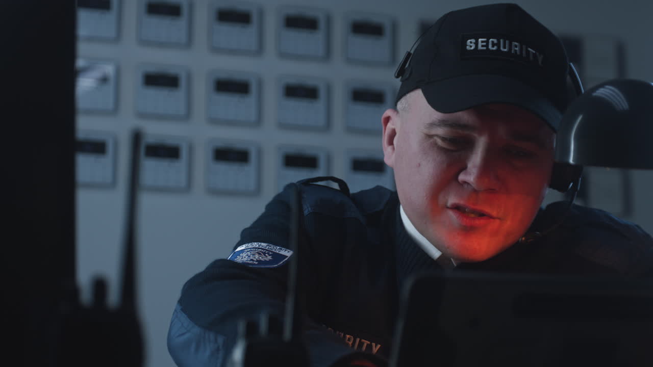 Security Guard Working in a Control Room at Night