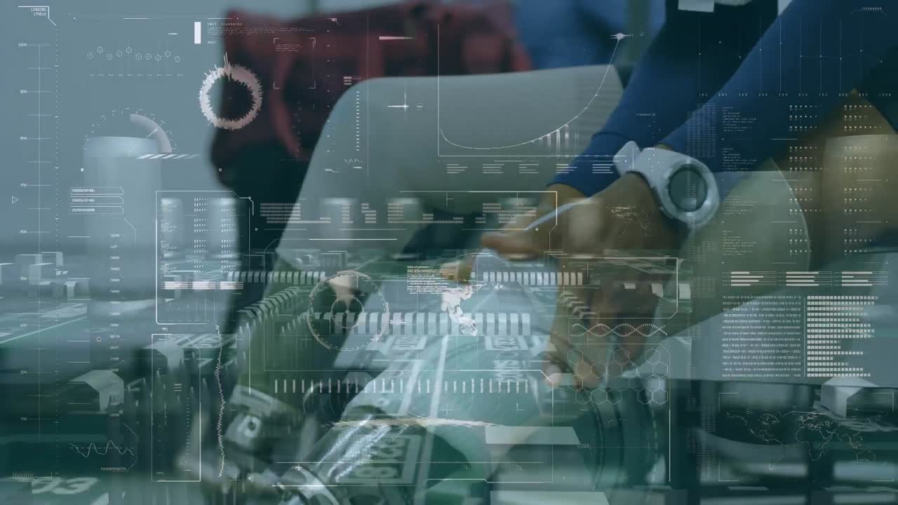 Animation of connections and data processing over man with prosthetic legs