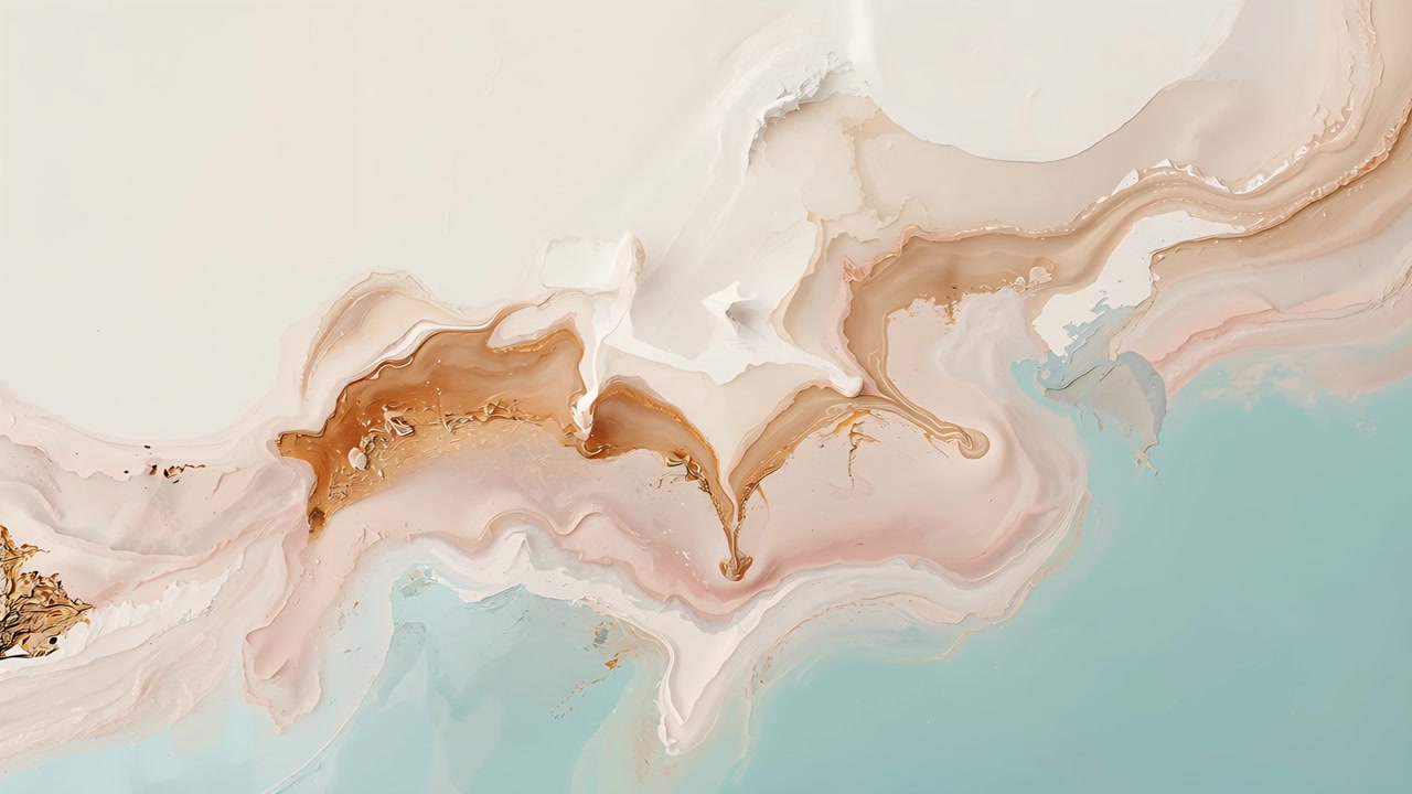 Flowing marbled pigments settling as liquid film moving at art studio, with gold flecks and ridges