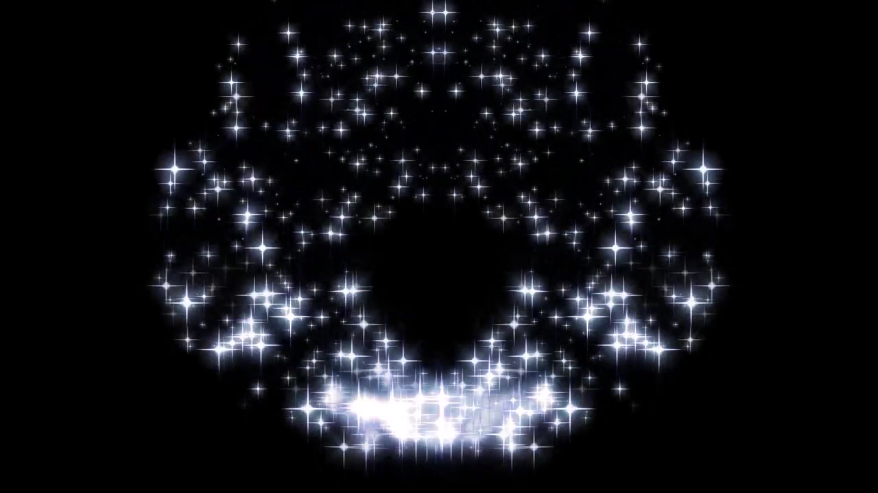 Stelle bianche luminose animate che formano un motivo circolare su sfondo nero