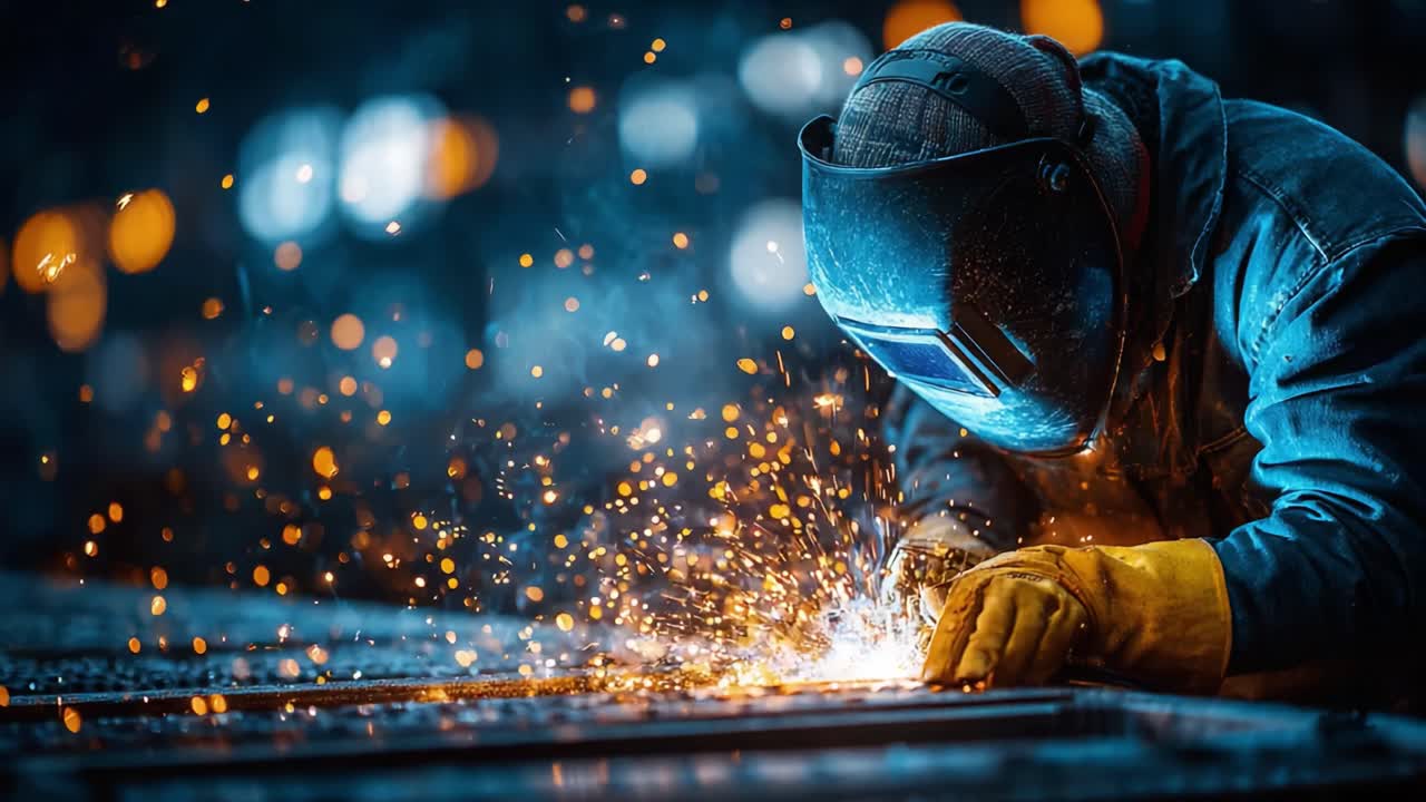 An Expert Welder Engaged in Metal Fabrication, Creating Sparks and Heat as He Applies Techniques to Join Steel Components in a Professional Workshop Setting