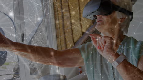 animación de la red de conexiones sobre la mujer caucásica mayor usando auriculares vr