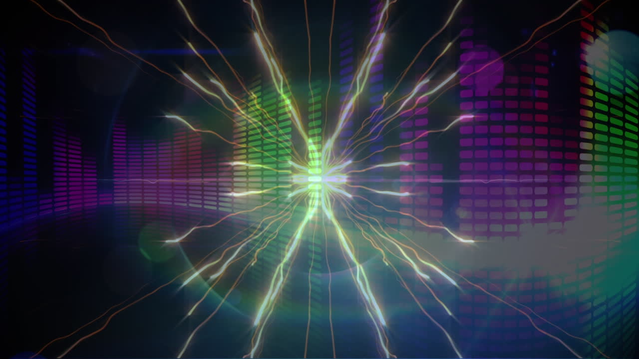 Digital animation of pink digital waves and music equalizer against black background