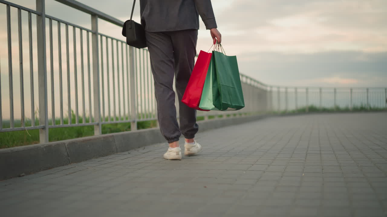 vista trasera de la pierna de la dama con ropa de color gris caminando a lo largo del carril de hierro con bolsas de compras en la mano y bolso de mano negro, creando una escena al aire libre casual con fondo borroso con vegetación distante