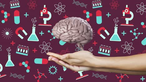 cerebro girando sobre las manos contra los iconos del concepto de la ciencia contra un fondo rojo